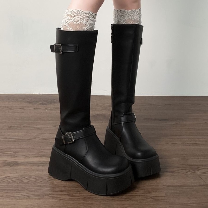 Leather Classic Strap - Klassische schwarze Damenstiefel, höhenvergrößernde kniehohe lange